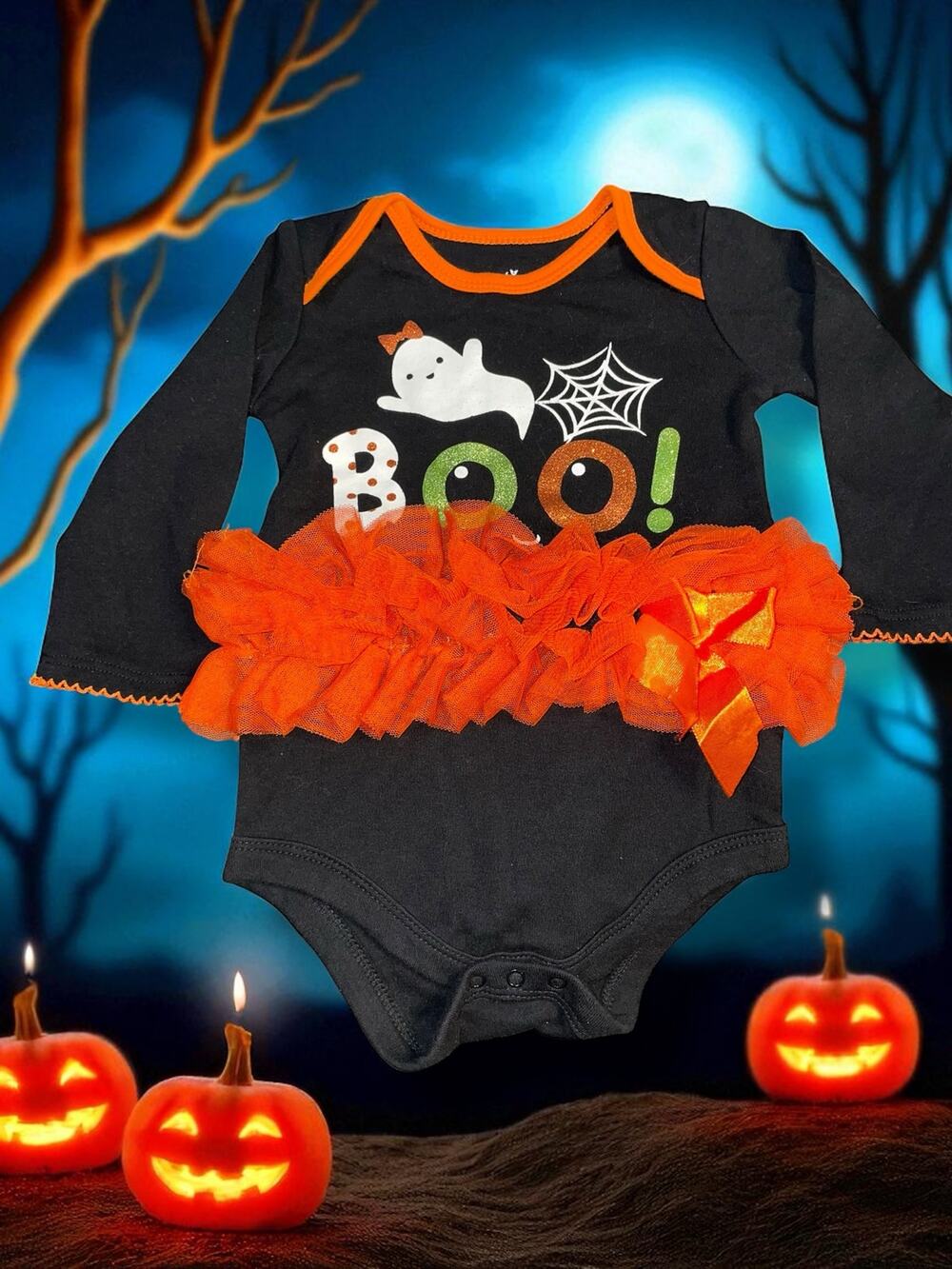 Baby Girl 12M Halloween Ghost Tutu Set Black Orange Boo Outfit Way to Celebrate